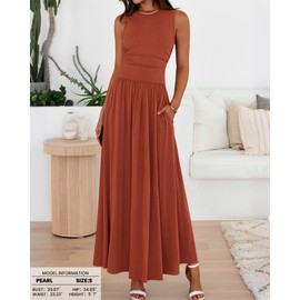 BTFBM Summer Maxi Dresses for Women 2025 Sleeveless Casual Ruched High Waisted Tank Long Sundress Flowy Beach Fall Dress(Brick Red, Medium)
