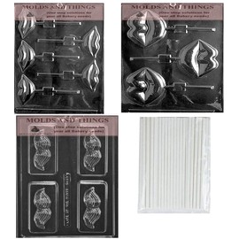 Mustache Chocolate Candy Mold, Large Lips Lolly chocolate candy mold with Copyrighted Chocolate Molding Instructions -set of 3