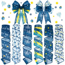 Chitidr Hanukkah & Chanukah Star of David Ribbons - 6 Rolls, 30 Yards, Wired, 2 Inch, Blue & White, Jewish Menorah & Dreidel Ribbon for Crafts, DIY Bows & Wreath Decorations