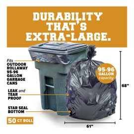 Plasticplace 95-96 Gallon Heavy Duty Trash Bags, Garbage Bags, Puncture-Resistant, Fits Rollaway Cans & Drums, Durable Large Plastic Bags (50 Count)