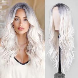 T-color Long White Wavy Wig for Women 26 Inch Middle Part Curly Wavy Wig Natural Looking Synthetic Heat Resistant Fiber Wig for Daily Wear, Party, Cosplay