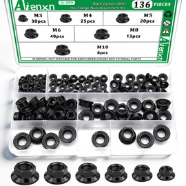 Aienxn 136PCS 6 Metric Sizes Black Carbon Steel Hex Flange Nuts Assortment Kit -M3, M4, M5, M6, M8, M10