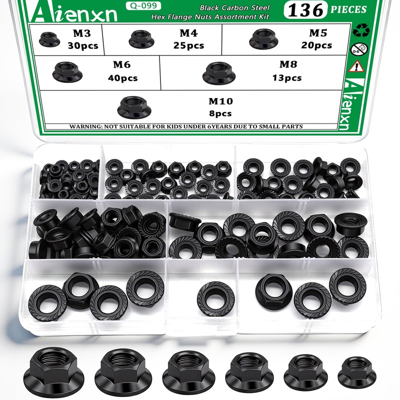 Aienxn 136PCS 6 Metric Sizes Black Carbon Steel Hex Flange
