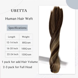 Ubetta Sew in Hair Extensions Real Human Hair, Weft Hair Extensions Human Hair Dark Brown Balayage Ash Brown Hair Extensions Human Hair Bundles Hand Tied Weft Hair Extensions Human Hair 14 Inch 80G