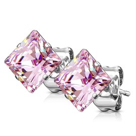 Bungsa Pink Crystal Stud Earrings 3 mm with Square Zirconia Crystal in Princess Cut Made of 316L Stainless Steel, Stainless Steel, Cubic Zirconia