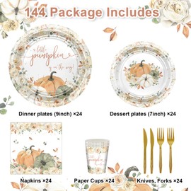 Avezano 144 pcs Fall Baby Shower Decorations Plates and Napkins Disposable Tableware Set Neutral Floral Little Pumpkin Baby Shower Decorations, Serves 24