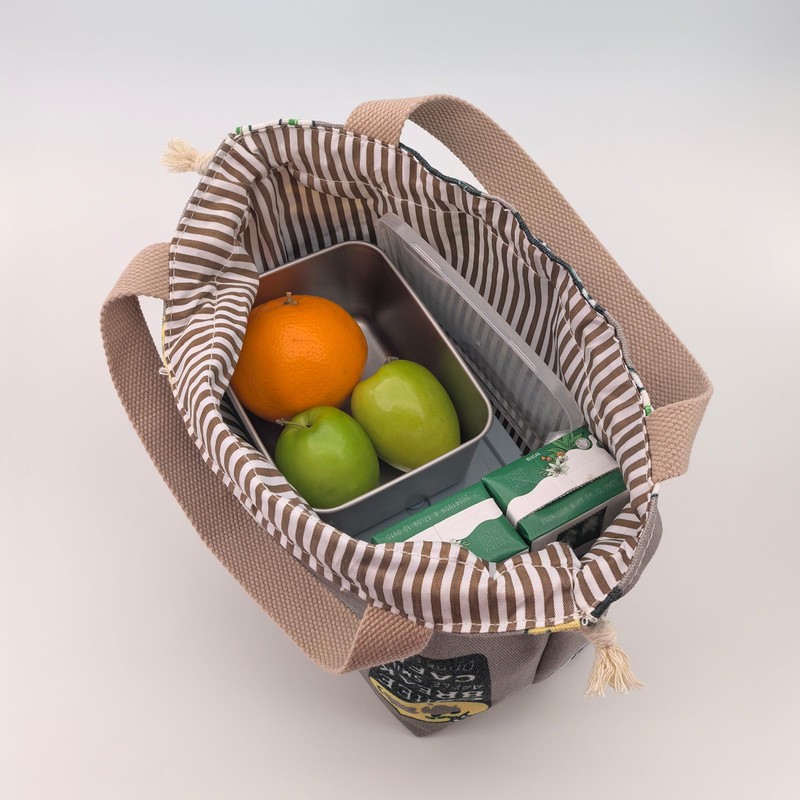 Outer canvas, inner smooth polyester material, lunch bag, drawstring lunch