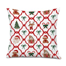 Red and Green Christmas Pillow Covers 18x18, Coquette Christmas Decor, Xmas Bow Candy Cane Reindeer Gingerbread Santa Decorative Throw Pillow Covers for Home Living Room Bedroom