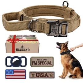 OEBEESA Tactical Dog Collar Adjustable Military Collar: - Nylon K9 Collars with Handle and Heavy Duty Metal Buckle for Medium Dogs with 3 Patches and Airtag Case Holder (M, Brown)