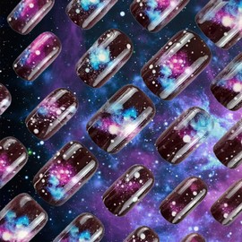 24Pcs Stars Sky Press on Nails Milky Way Medium Square Fake Nails Universe Gel Glue on Fingernails Glossy Purple Gradient Stick on Nail Acrylic Full Cover False Nail for Holiday Manicure Art