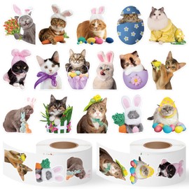 E1mity 2 Rolls Easter Stickers Cute Memes, 1000 Pieces Realistic Cat Stickers, 16 Styles Rabbit Eggs Reward Stickers Roll Waterproof for Children Party Decor Bag Filler Favours Gift