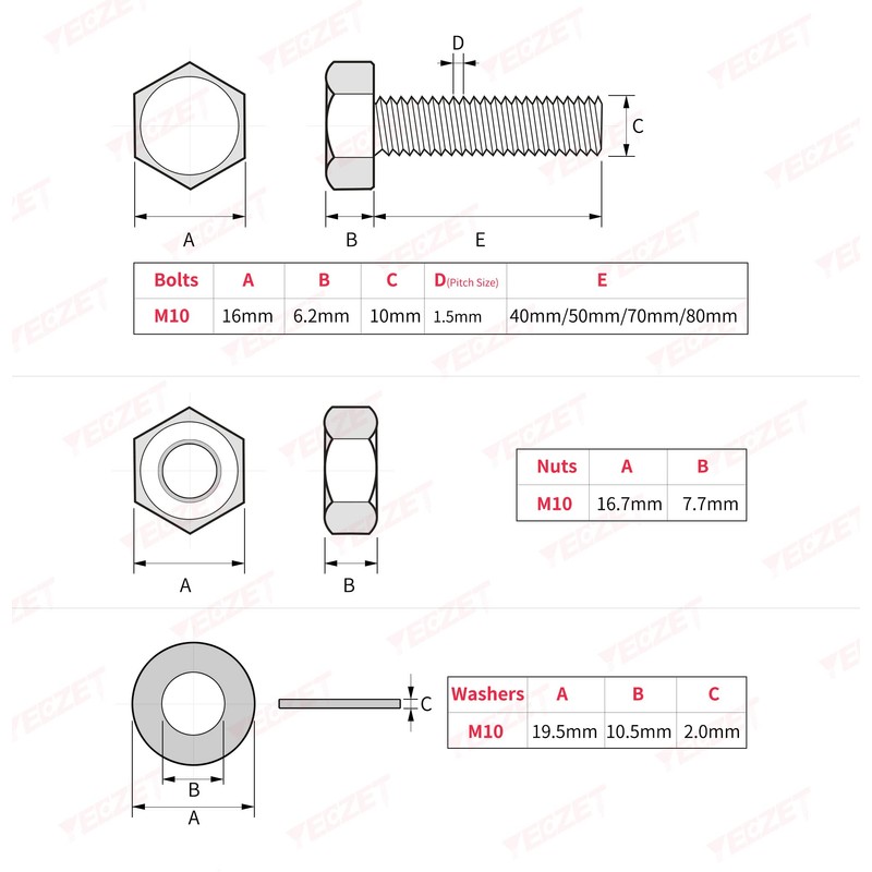 YEEZET Screws M10 48 Pieces Hex Screws Washers Spring Washers