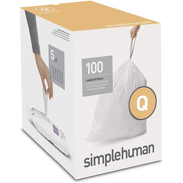 simplehuman Code Q Custom Fit Drawstring Trash Bags, 50-65 Liter / 13-17 Gallon, White, 100 Count