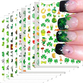 LBPEPAMZ 10 Sheets St. Patrick's Day Nail Stickers 3D Self-Adhesive Irish Shamrock Nail Art Stickers Leprechaun Green Hat Mister Nail Decals Spring Summer Four Leaf Clover Design Manicure Decoration