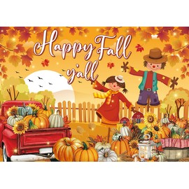 Happy Fall Y'all Banner Backdrop Autumn Harvest Pumpkin Maple Leaf Scarecrow Photography Background Fall Holiday Thanksgiving Party Decorations Supplies Home Outdoor Yard Decor 6x4FT