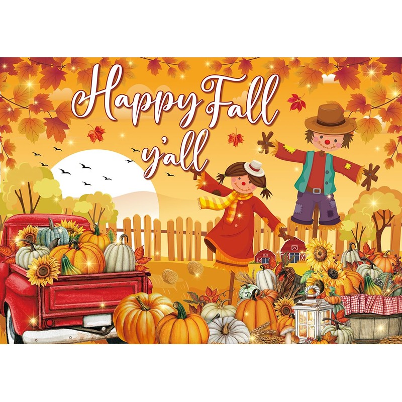 Happy Fall Y'all Banner Backdrop Autumn Harvest Pumpkin Maple Leaf