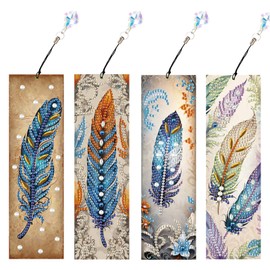 JISHSHAY 4 PCS Diamond Art Bookmarks Diamond Painting Book Marks Gem Art Bookmarkers Gem Painting Book Markers Mosaic Kits for Adults Special Shaped Drills with Crystal Pendants Feather