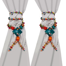 HEVSTIL Curtain Tiebacks, 2 Pack Colorful Coconut Shell Curtain Drapery Holdbacks, Boho Curtain Ties for Home Office Decorative,Blue