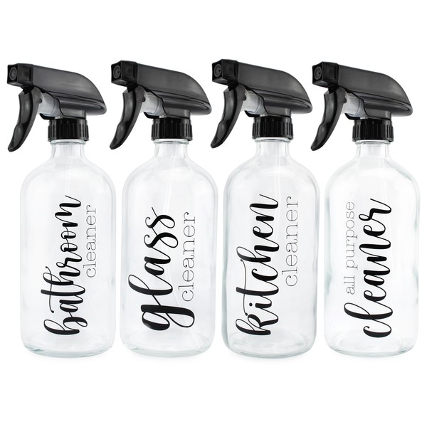 Cornucopia Cleaning Spray Bottles Set, Glass (Set of 4, 16-Ounce); Refillable Trigger Sprayers with Mist/Stream Settings and Farmhouse Script