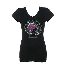Women's Woman in Afro Hair with Fuchsia Rose Rhinestone Bling V-Neck T-Shirt 3X