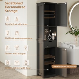 Shintenchi Tall Bathroom Storage Cabinet, Slim Corner Floor Cabinet with Doors and Drawer, Freestanding Narrow Bathroom Organizer with Adjustable Shelves for Small Space, Black