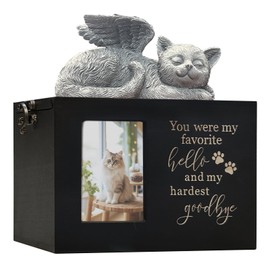 Pet Urn for Cat Ashes with Picture for Pet Funeral Cremation Box Wooden Keepsake with Photo Frame and Black Flannel Lining for Loss of Pet Remembrance Gift (Black Cat Urn-Hello-Medium)