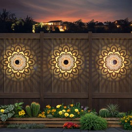 EKQ Solar Fence Lights 2 Pack Outdoor Deck Step Wall Lights Metal Waterproof LED Warm Yellow Light for Garden Post Patio Backyard Yard Decor (Mandala-1)