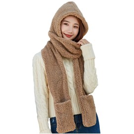 Women Winter Thick Warm Long Hooded Scarf with Mittens Soft Fleece Hooded Scarf Hat Glove Pockets (Khaki)