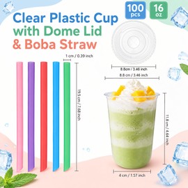 100 Sets 16oz Clear Plastic Cups with Lids & Colorful Boba Straws