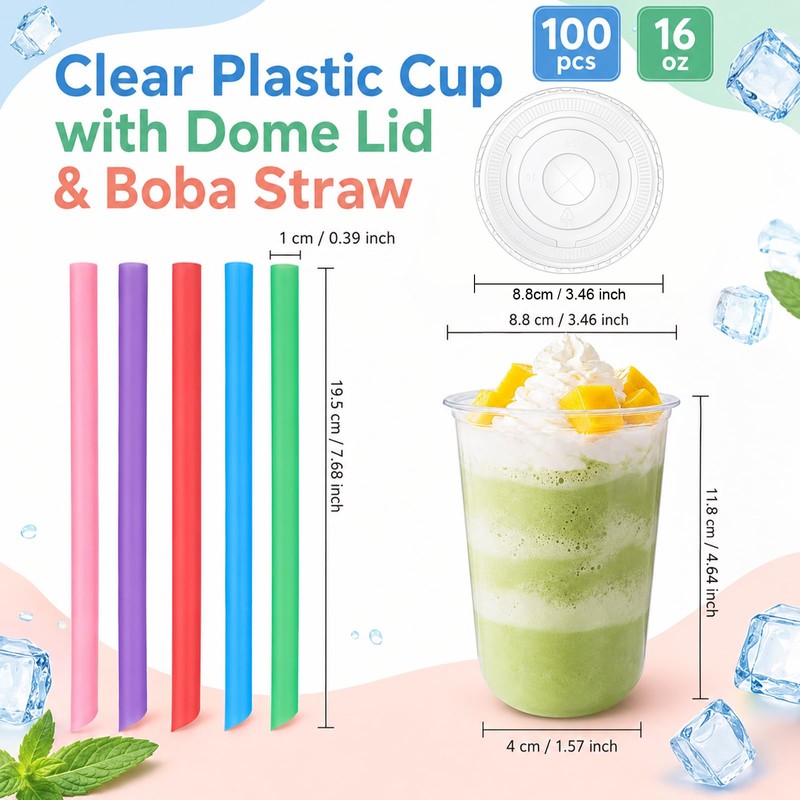 100 Sets 16oz Clear Plastic Cups with Lids & Colorful