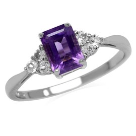 Silvershake 7x5mm Octagon Shape Birthstone Gemstone White Gold Plated or Yellow Gold Plated 925 Sterling Silver Engagement Ring Jewelry for Women, 10, Sterling Silver Rhodium (White Gold Plated),