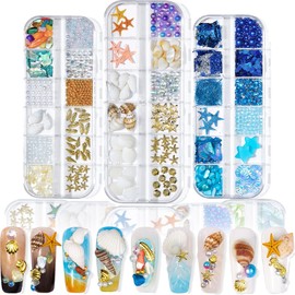 GULELAYAR 3 Boxes Summer Beach Art Rhinestones, Ocean Theme Charms Starfish Seashell Conch Studs Sea Series Rivets Manicure DIY Nail Decorations for Women Girls (B)