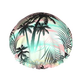 Palm Tree Shower Cap for Women Reusable Double Layers Waterproof Shower Hair Protector PEVA Lined Shower Hat for All Long Hair Lengths, Stretchy Adjustable Shower Caps