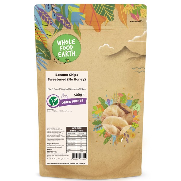 Whole Food Earth® - Banana Chips Sweetened (No Honey) 500 g | GMO Free | Source of Fibre