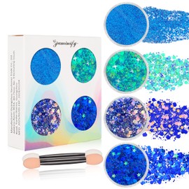 Paminify 4 Jars Blue Face Glitter,Mermaid Costume for Kids,Sparkle Body Hair Glitter Face Paint,Singer Concert Rave Festival Glitter Accessories,40g/1.41 oz