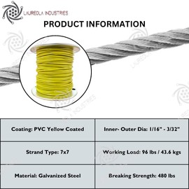 Laureola 1/16" to 3/32" PVC Coated Yellow Color Galvanized Cable 7x7 Strand Aircraft Cable Wire Rope