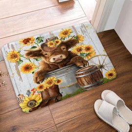 Cute Highland Cow Bath Rug Mat, Farmhouse Rustic Cattle Sunflower Western Flannel Non Slip Floor Mat, Absorbent Quick Dry Bathroom Decor Bathtub Carpet 17x29 inch