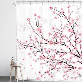 Homewelle Cherry Blossom Plum Asian Shower Curtain Japanese Weeping Flower 60Wx72H Inch Sakura Pink Floral Watercolor Cute Branch Ink Scenery Waterproof Polyester Fabric Bathroom Bathtub