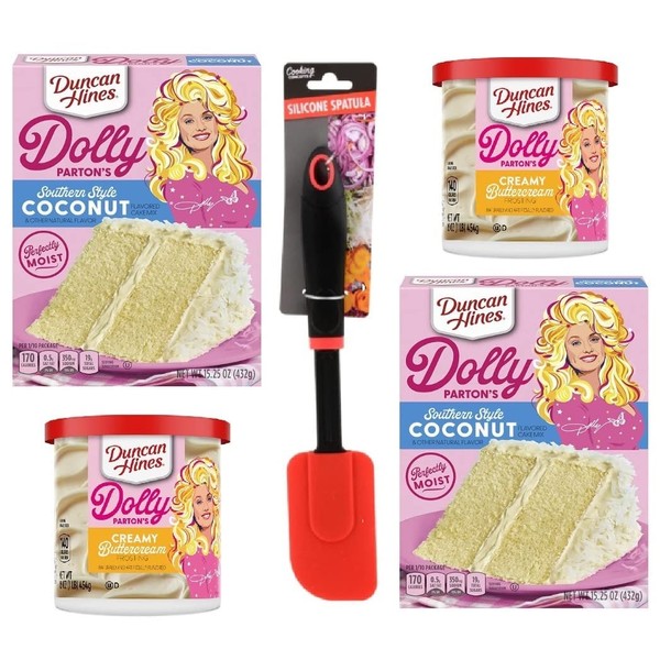 Duncan Hines Dolly Parton Southern Style Coconut Cake Bundle Includes Cake Mix (2 Boxes), Creamy Buttercream Frosting (2 Tubs) and Silicone Spatula