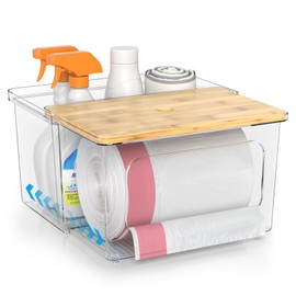 Tangyinus Trash Bag Dispenser Roll Holder - Clear Garbage Bag Holder Dispenser with Bamboo Lid and Sliding Drawer Box, Trash Bag Holder for Kitchen, Under Sink, Laundry Room Organization and Storage