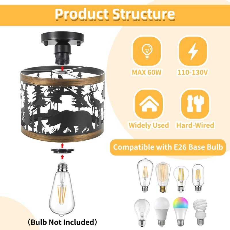 MLGB Rustic Deer & Bear Semi-Flush Mount Ceiling Light, Farmhouse