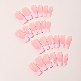 Uñas Postizasc- Pink, Square, Reusable, Medium Length Nails, 12 Sizes Press Ons- 24 Nail Kit with Glue (Pulse Point, Square)