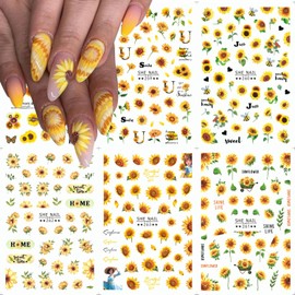 6 Sheets Flower Nail Art Stickers 3D Self-Adhesive Sunflower Nail Decals Yellow Flowers Nail Design Floral Sunflowers Nail Sticker Spring Summer Nail Art Supplies for Women Girls Flower Nail Decor