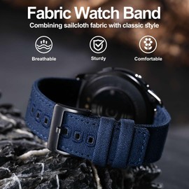 WOCCI 20mm Watch Band, Sailcloth Fabric, Quick Release, Replacement Strap, Black Buckle (Dark Denim)