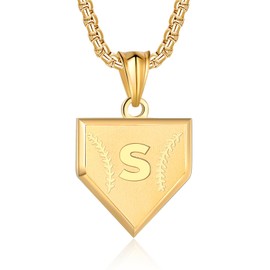 Initial A-Z Necklace for Boys Stainless Steel Letter Shield Pendant Box Chain 22+2 inch Inspirational Baseball Home Plate Necklace Baseball Jewelry Gift for Men(G-S) Over 18 years old