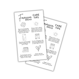 Focaccia Bread Care Tips Instruction Card 50pk 2x3.5” Customer Package Inserts Business Baker Storage Label Food Safety Reorder Sourdough