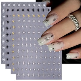 4 Sheets Star Nail Stickers 3D Glitter Self-Adhesive Star Decals Gold Silver Black White Cross Starlight Shiny Nail Design Stickers Nail Supplies for Women Girls DIY Nails French Manicure Decoration