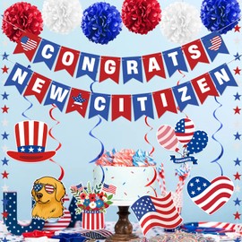 Citizenship Party Decorations with Congrats New Citizen Banner Hanging Swirls Circle Dots Garland Pompoms US Citizenship Gift Ideas for American Gifts USA Party Decor