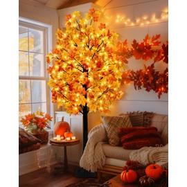Succwoah 8FT Artificial Fall Lighted Maple Tree with 160 LED 320 Faux Maple Leaves and 40 Acorns Dimmable Timer and 8 Flash Modes for Autumn Harvest Thanksgiving Party Indoor and Outdoor Decor