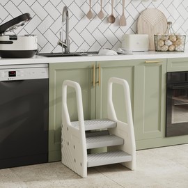 Qaba Toddler Tower, Adjustable 3 Step Kitchen Stool Helper with Handles, Non-Slip Surface & Foot Pads, for Bathroom, Kitchen, Sink, Toilet Potty Training, for 2-5 Years, Gray